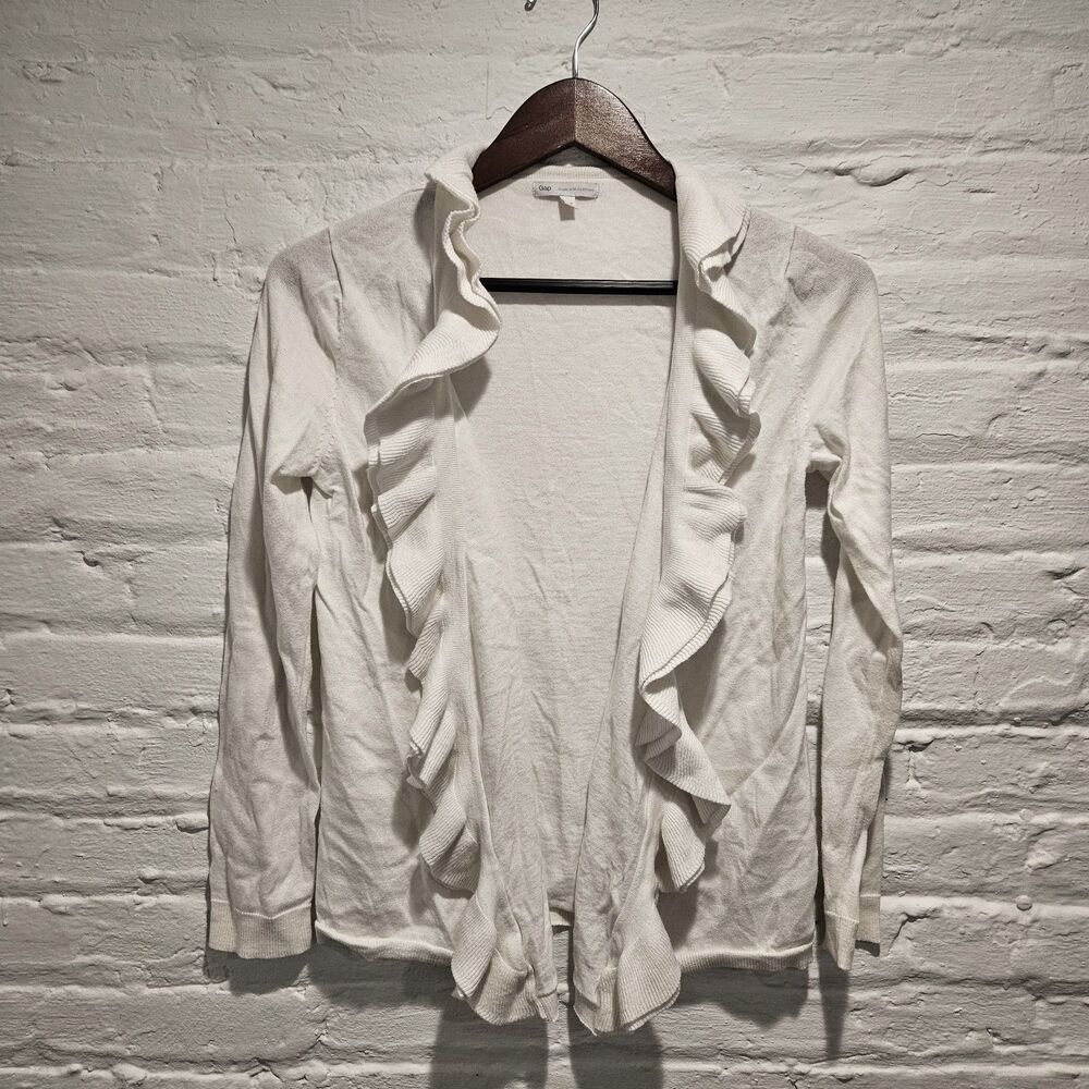 Gap Cashmere Cotton White Open Boho Cottagecore Ruffle Cardigan Sweater, Size S